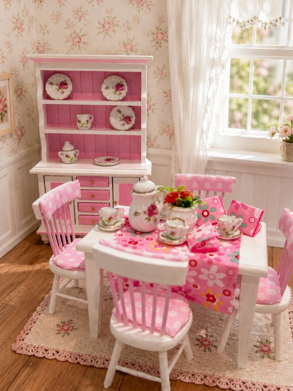 Dollhouse Miniature Dining Table 4 Chairs Pink White Hand Painted Wood Set 1:12 - Picture 9 of 9
